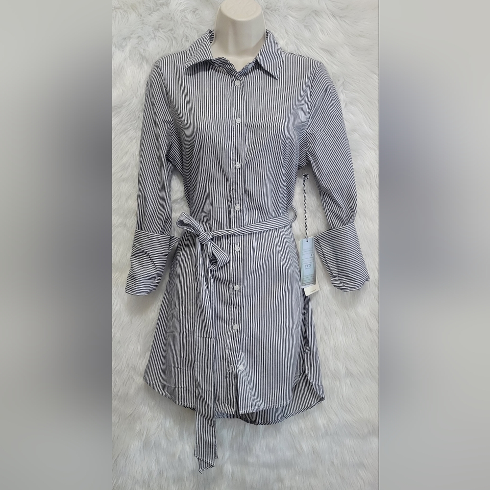 Iris Los Angeles Black White Stripe Button Up Striped T Shirt Belted Dress Tunic